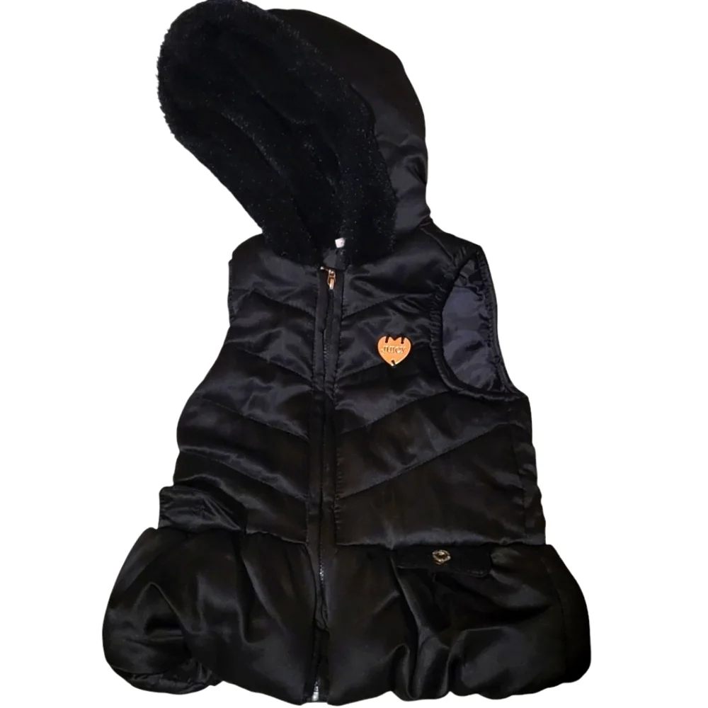 Juicy Couture Black Fur Puffer/ Quilted Toddler Hooded Vest with Gold Accents 2T
